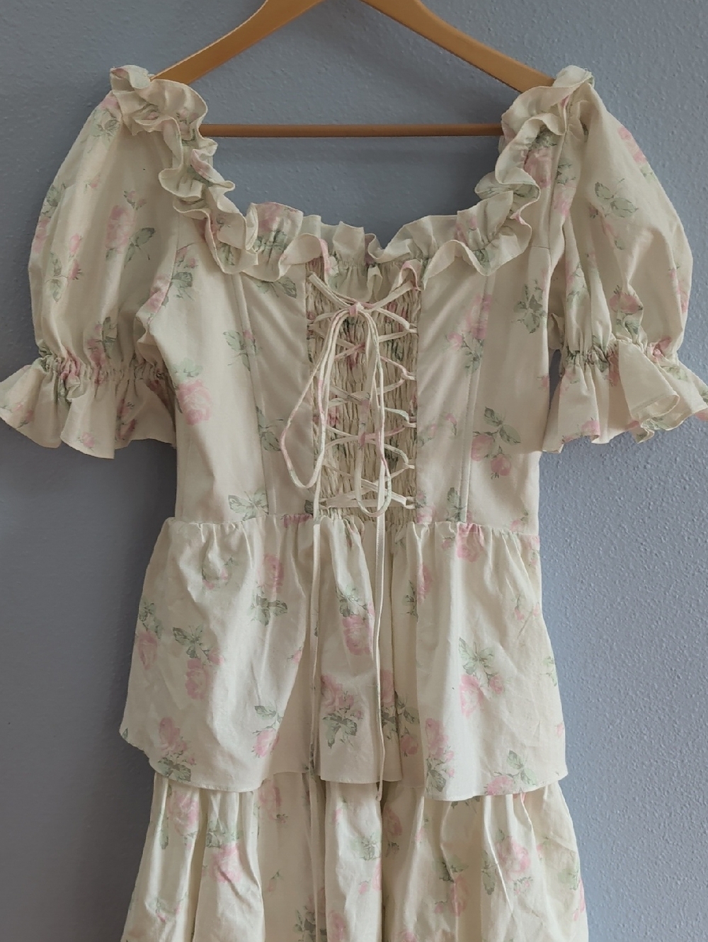 LaceMade Bloom In Coral Island Corset Cream Floral Tiered Puff-Sleeve Dress - Picture 6 of 13